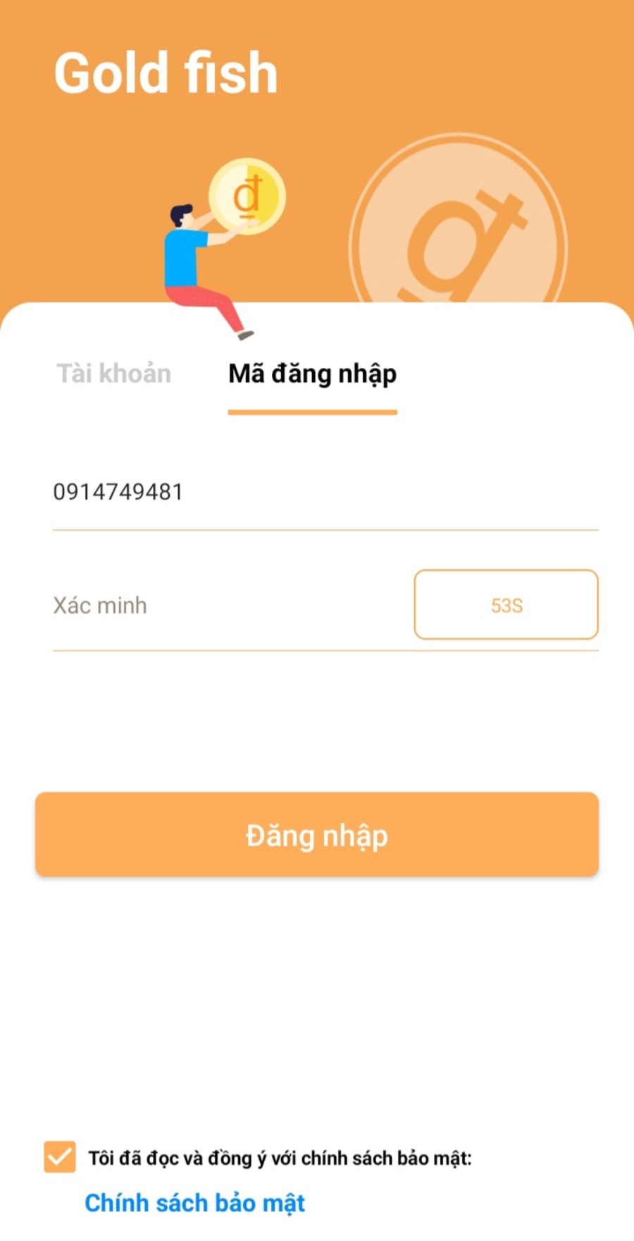 Điền thông tin số điện thoại trên app GoldFish